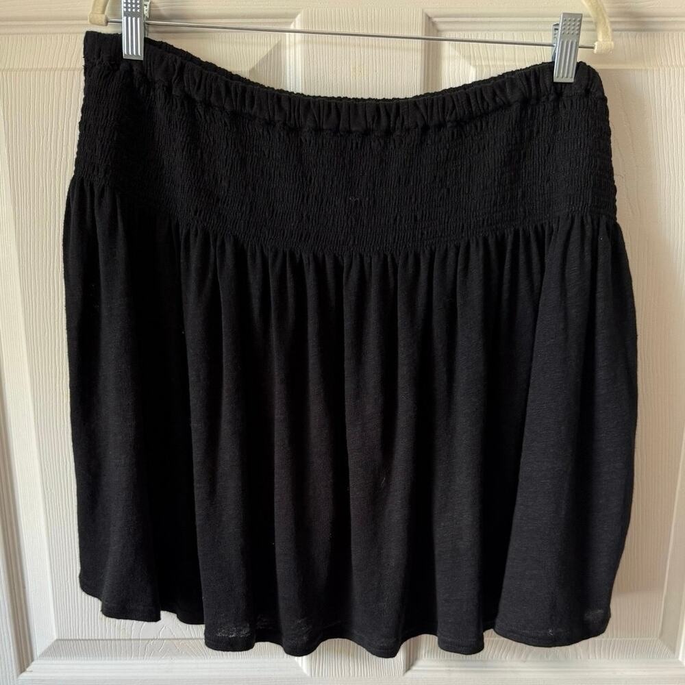 Garnet Hill 100% Organic Linen Smocked Waist Flowy Mini Skirt Black XL